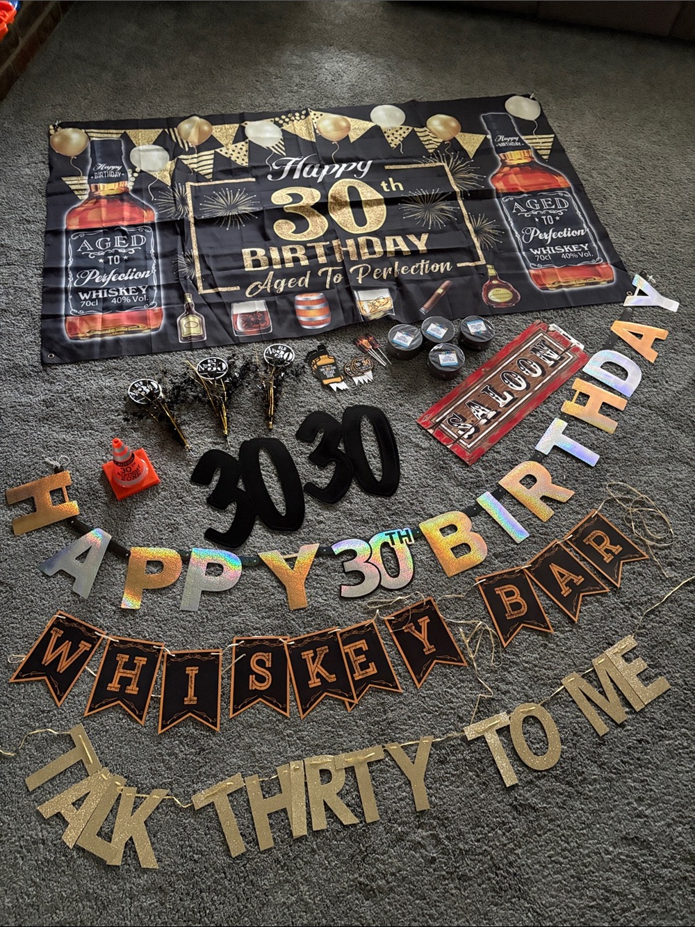 30th Birthday Whiskey Bar Party Banner and Decorations - Black & Gold